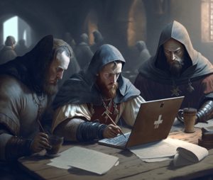 Midjourney по запросу "medieval students studying JavaScript"
